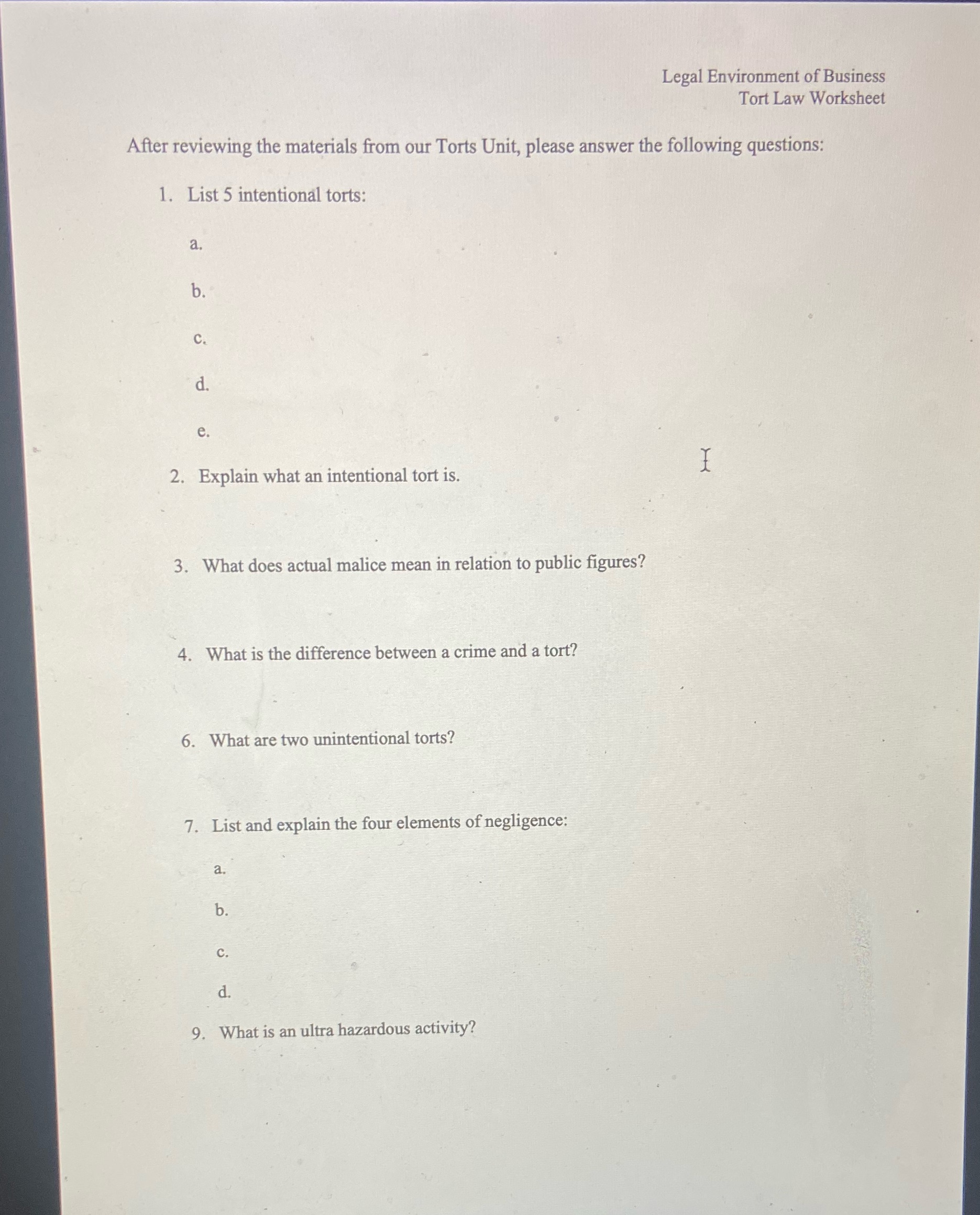 Legal Environment of Business Tort Law Worksheet