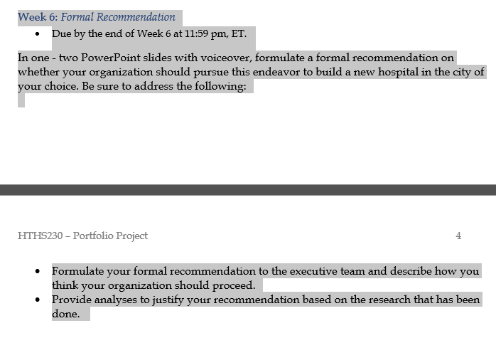 Weelk 6: Formal Recommendation e Due by the end