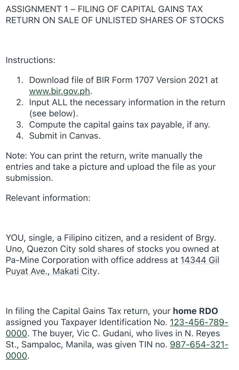 ASSIGNMENT 1 - FILING OF CAPITAL GAINS TAX RETURN