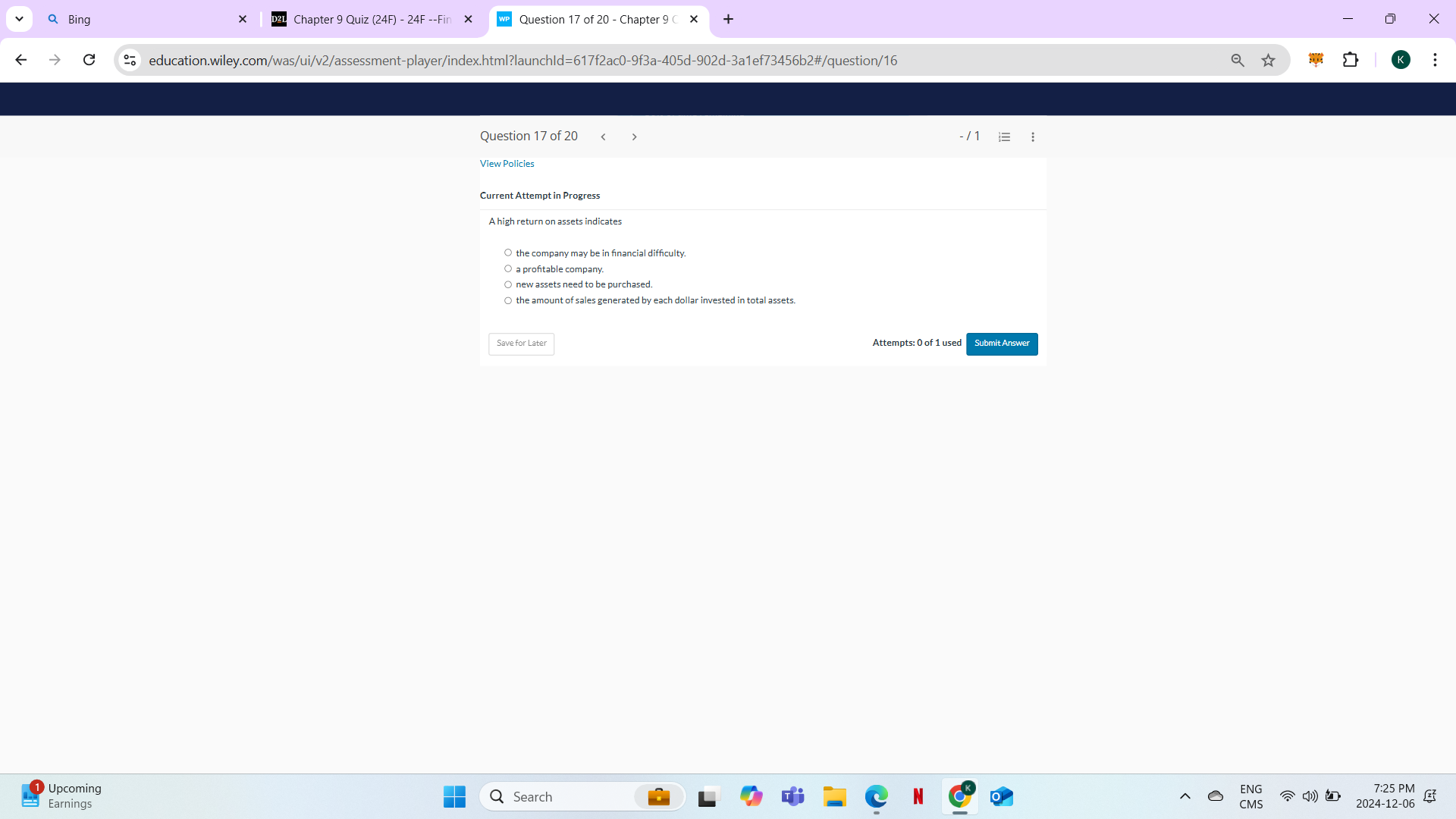 ANSWER Q Bing X D2L Chapter 9 Quiz (24F) - 24F