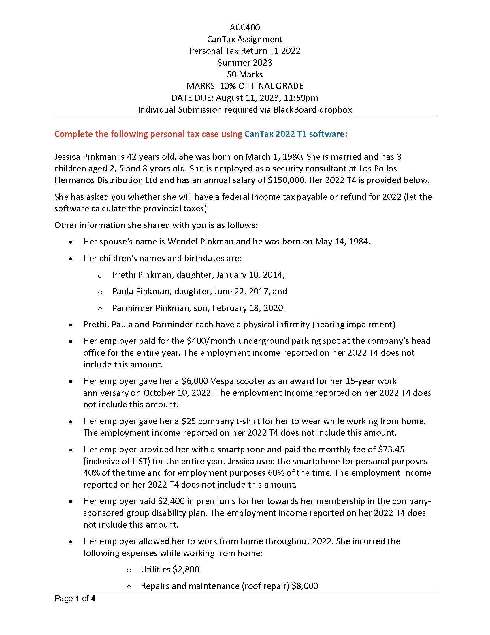ACC400 Can Tax Assignment Personal Tax Return T1