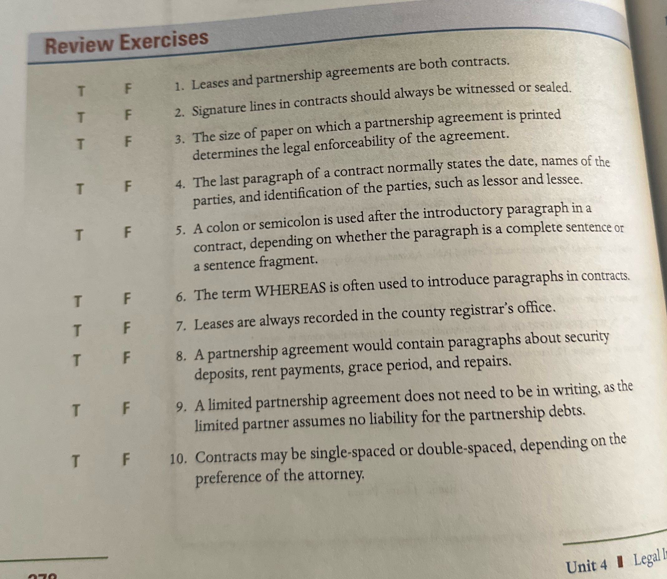 True or False Review Exercises 1. Leases and