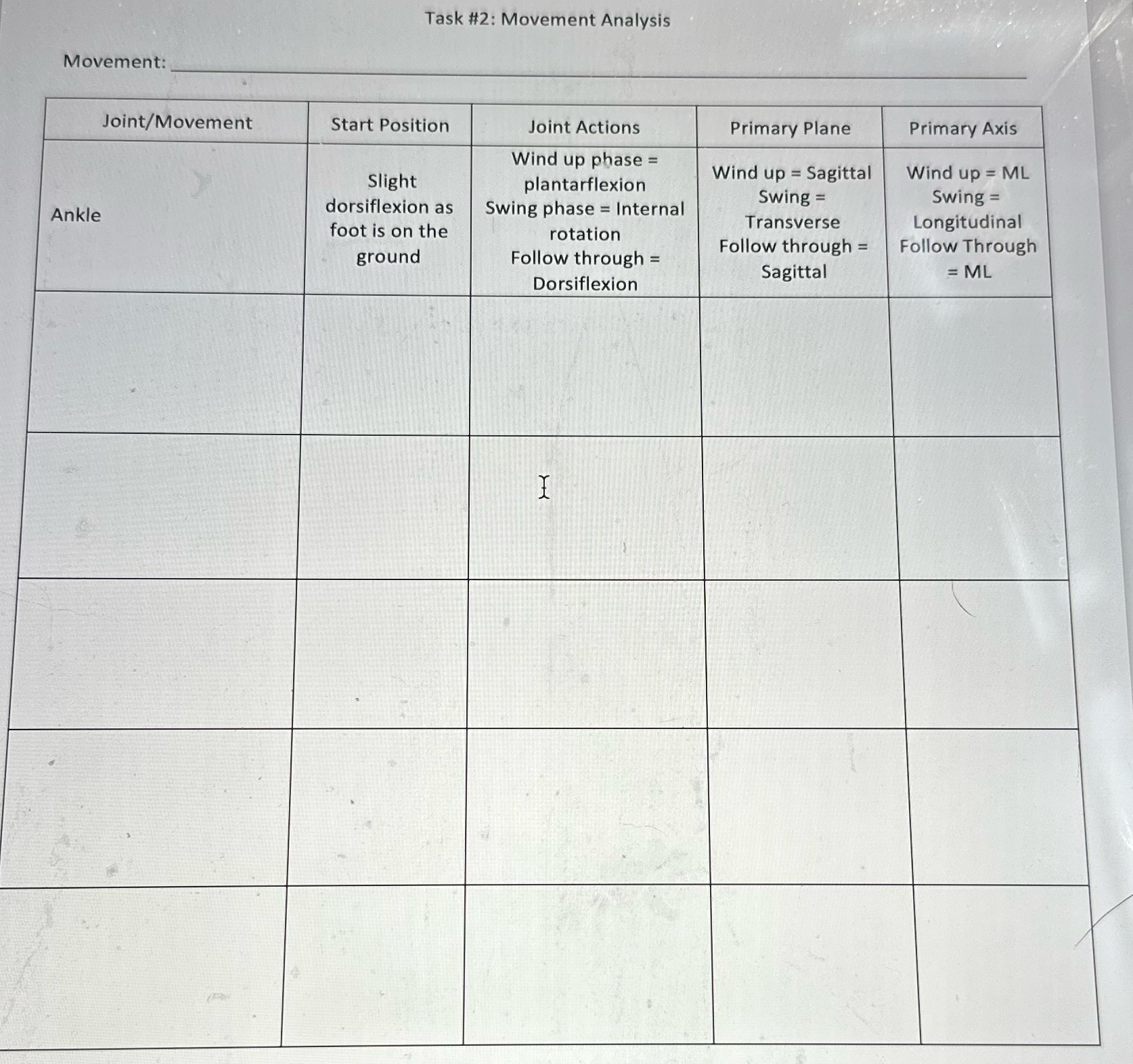 Fill in chart Task #2: Movement Analysis