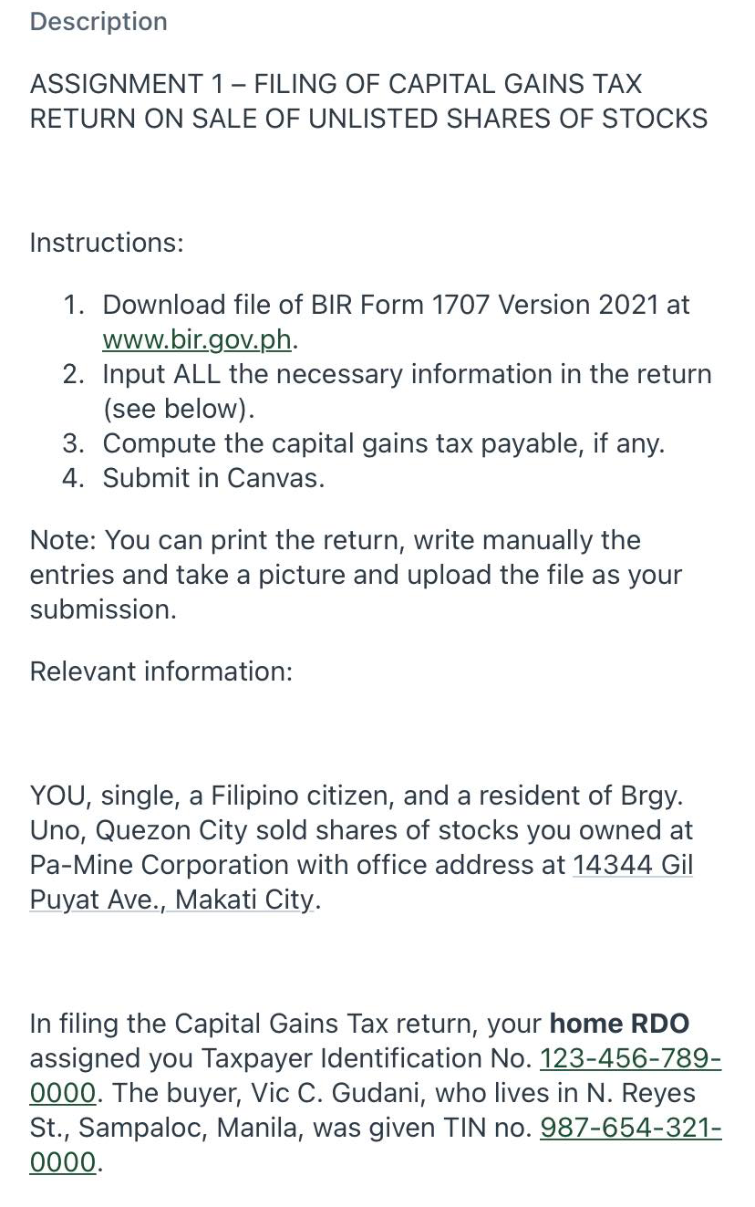 Description ASSIGNMENT 1- FILING OF CAPITAL GAINS