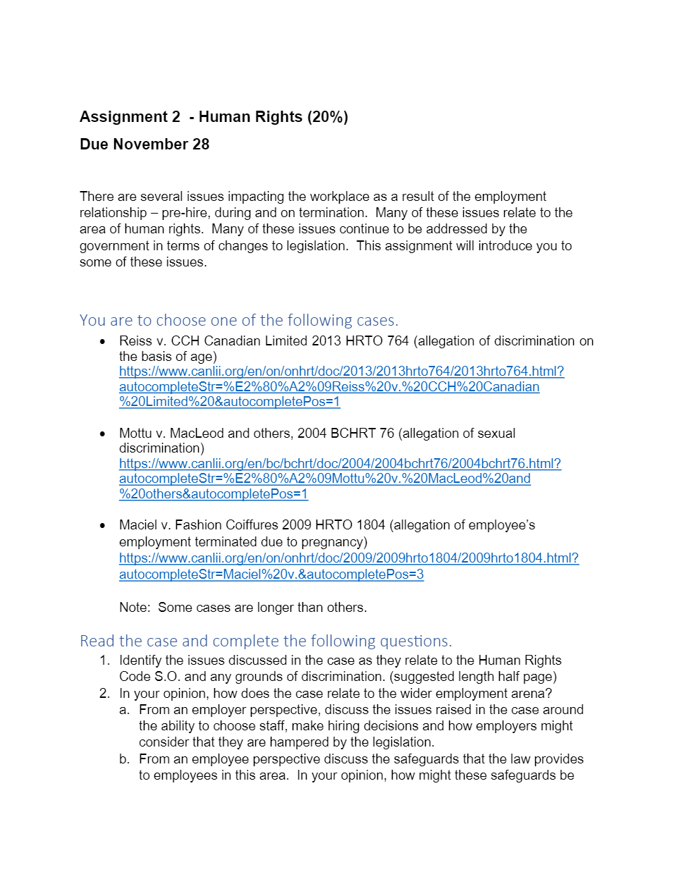 Assignment 2 - Human Rights (20%) Due November 28
