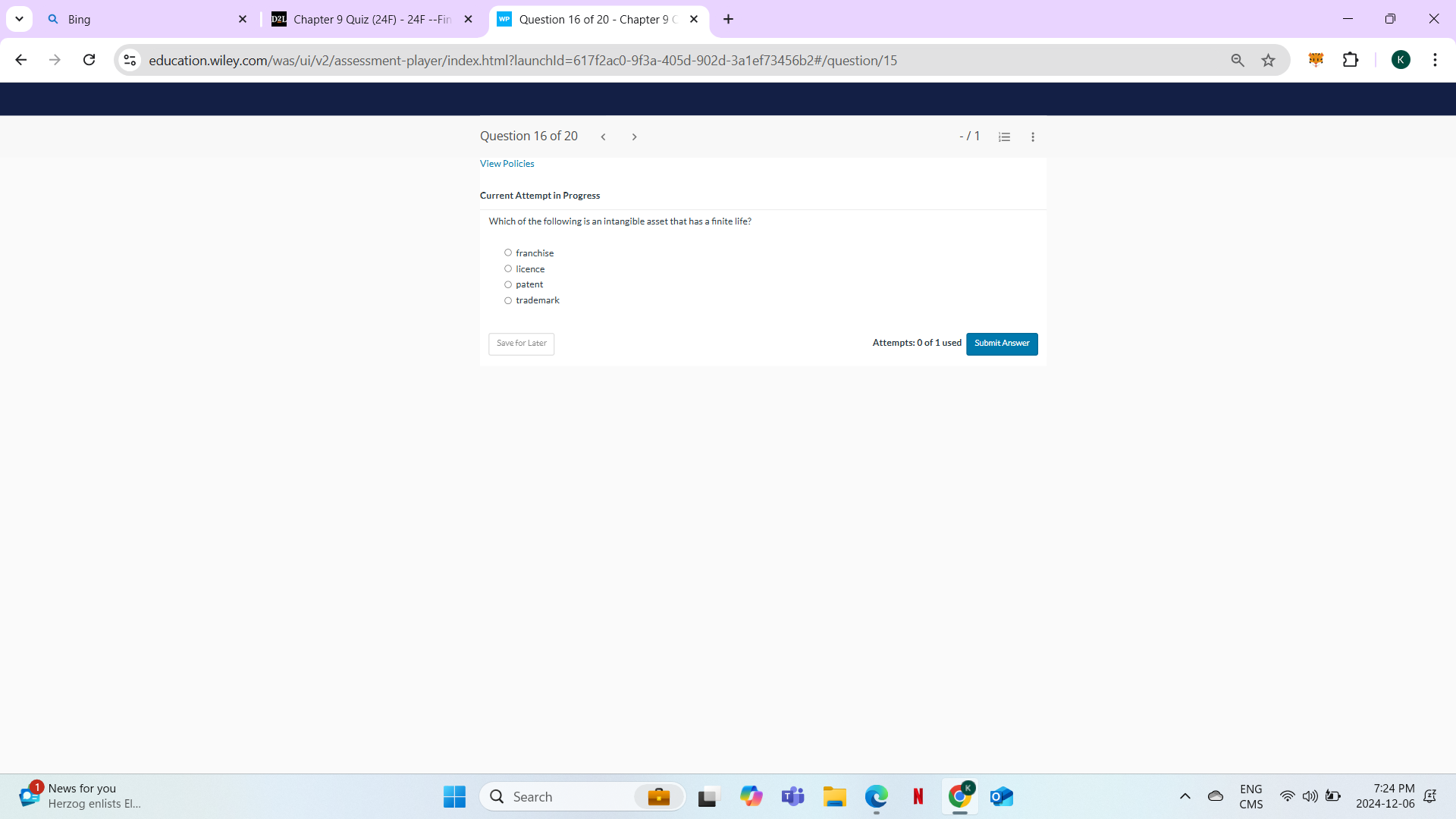 ANSWER Q Bing X D2L Chapter 9 Quiz (24F) - 24F