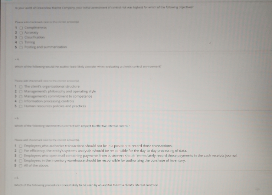 In your audit of Oceanview Marthe Company, your