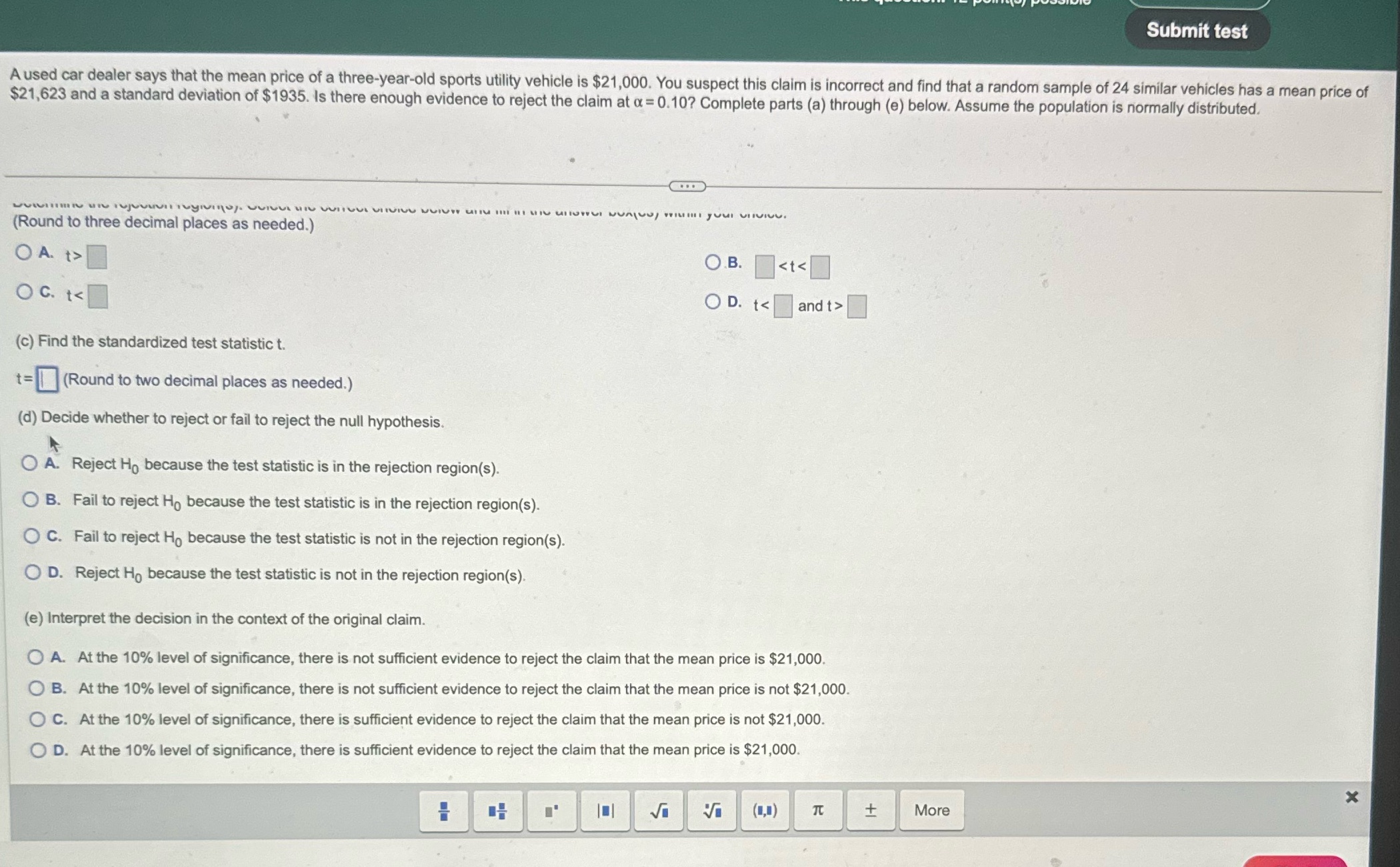 Submit test A used car dealer says that the mean
