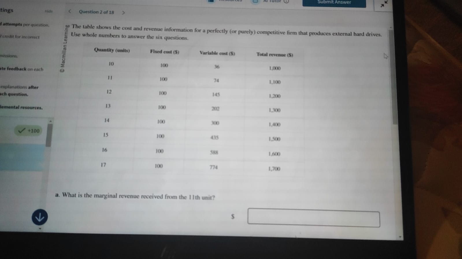 Submit Answer tings < Question 2 of 18 attempts