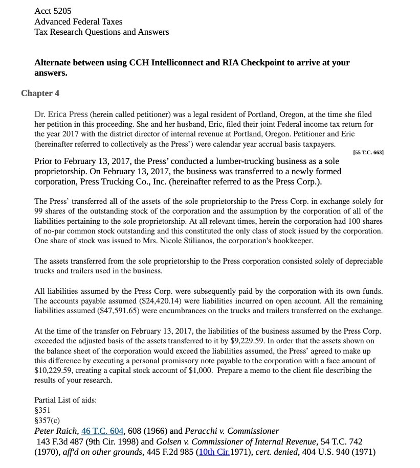 Acct 5205 Advanced Federal Taxes Tax Research