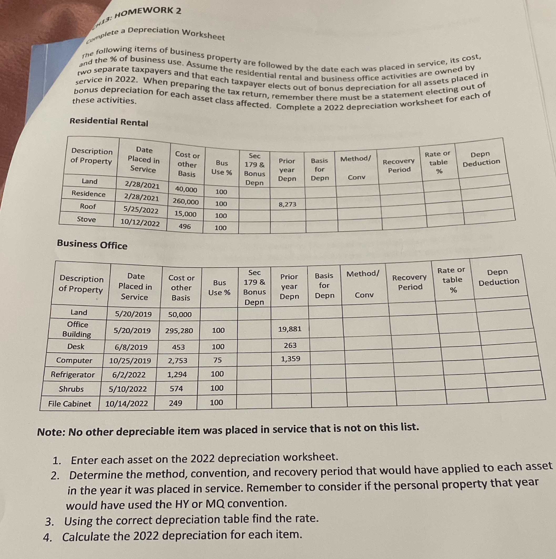 Tax help H13: HOMEWORK 2 complete a Depreciation