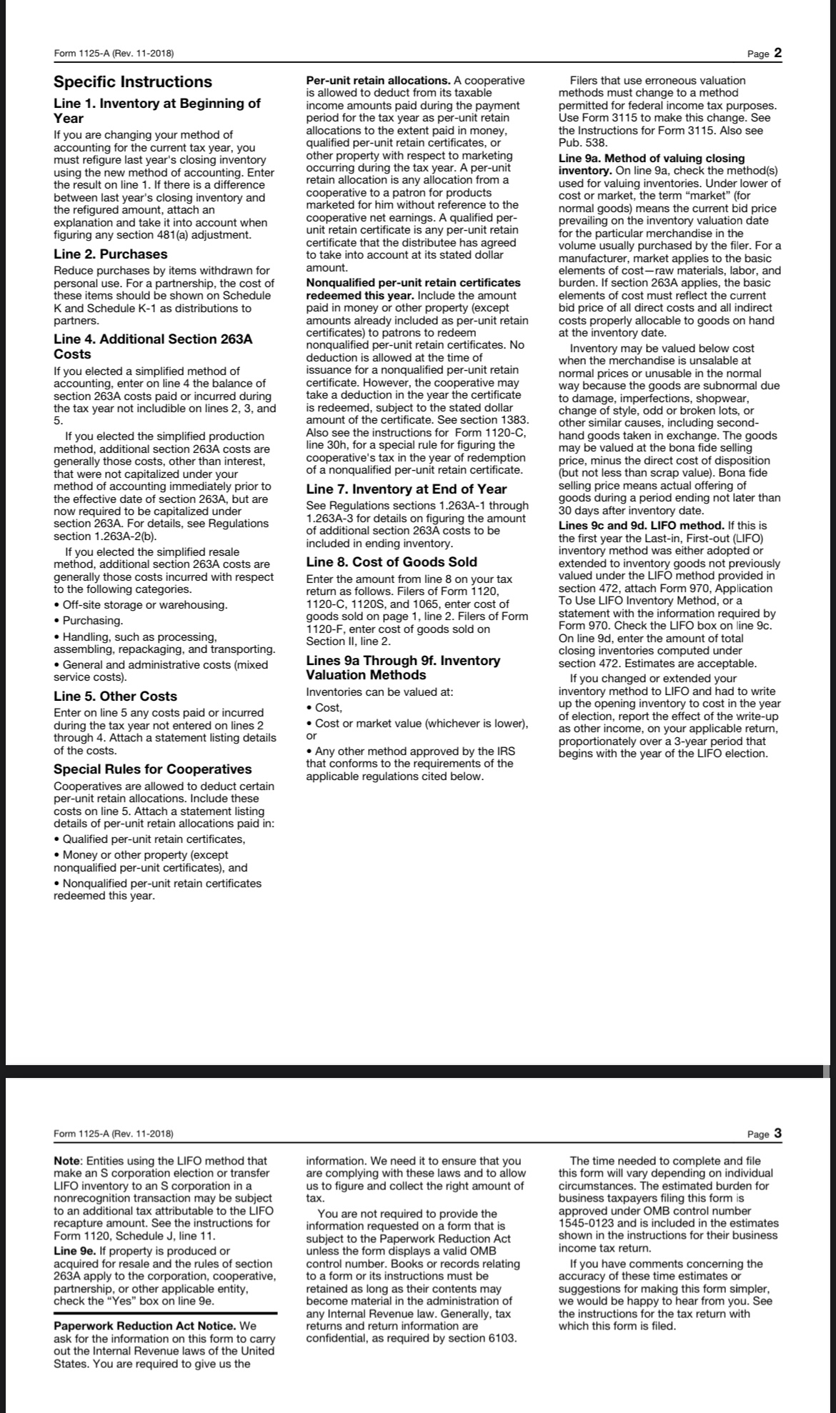 Form 1125-A (Rev. 11-2018) Page 2 Specific