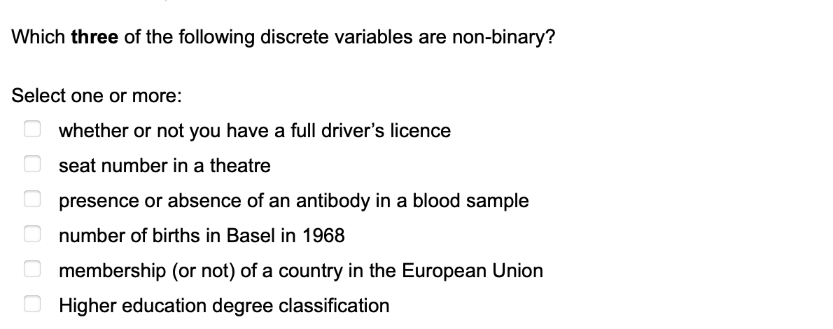 Which three of the following discrete variables