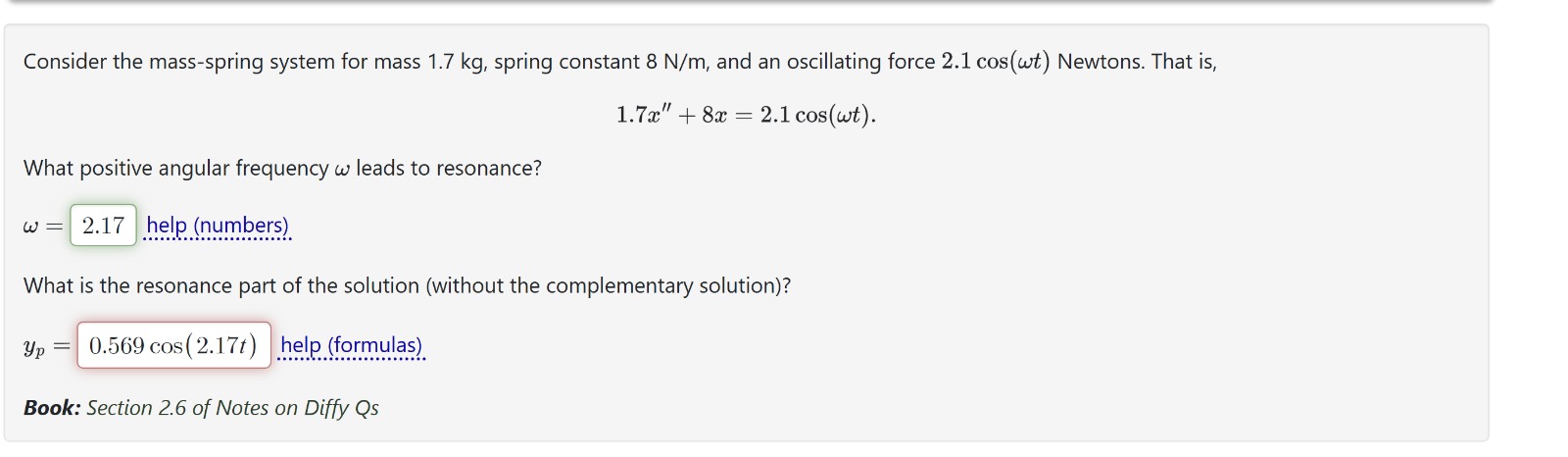 Consider the mass-spring system for mass 1.7 kg,