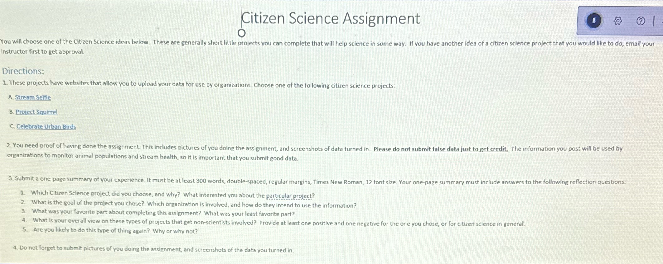 |Citizen Science Assignment ' 0 You will choose