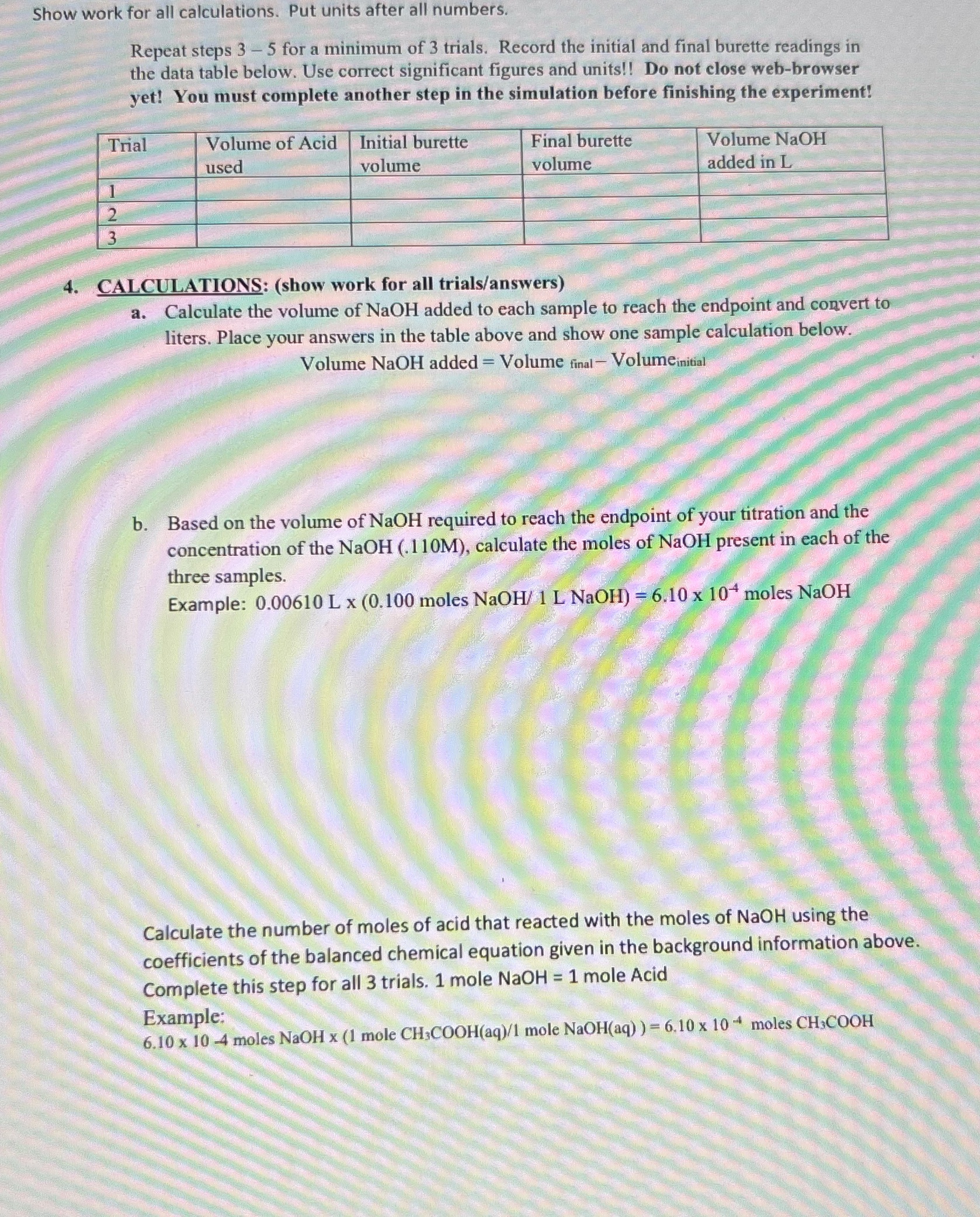 Show work for all calculations. Put units after