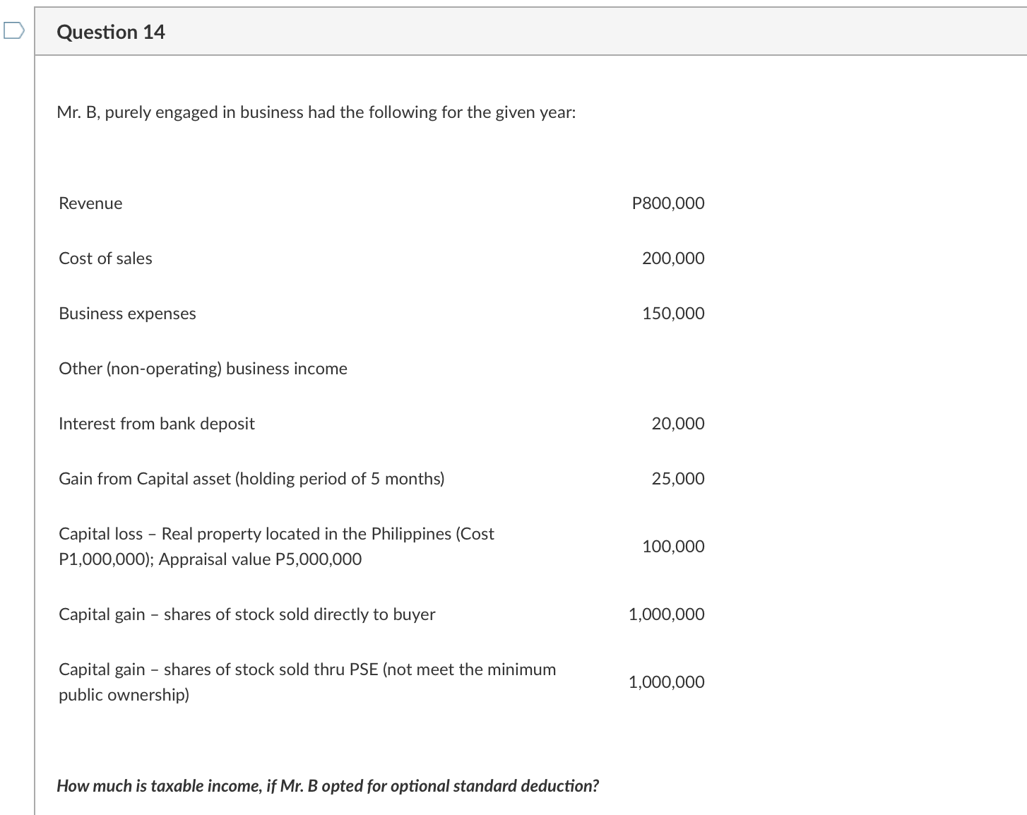 D Question 14 Mr. B, purely engaged in business