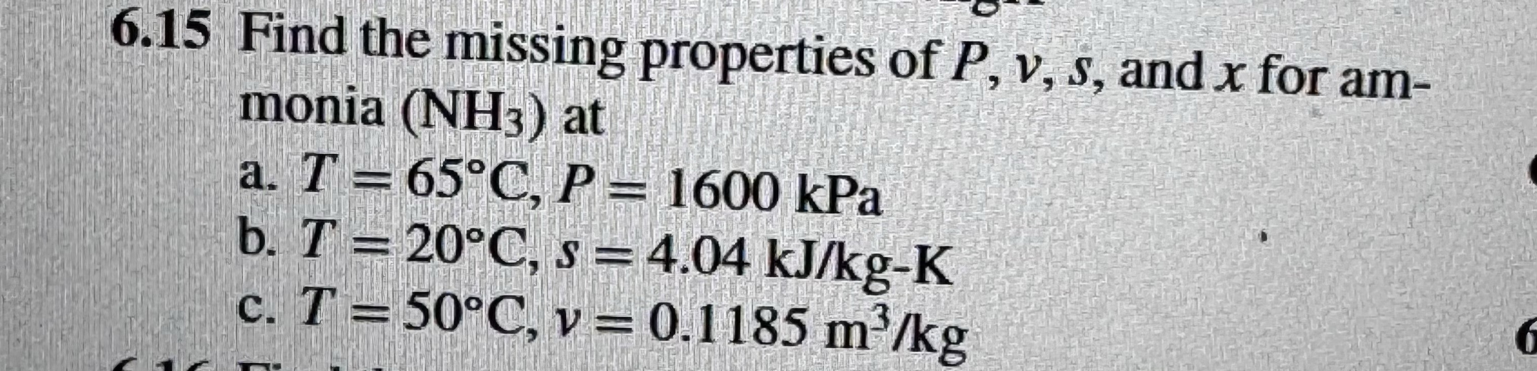 6.15 Find the missing properties of P, v, s, and