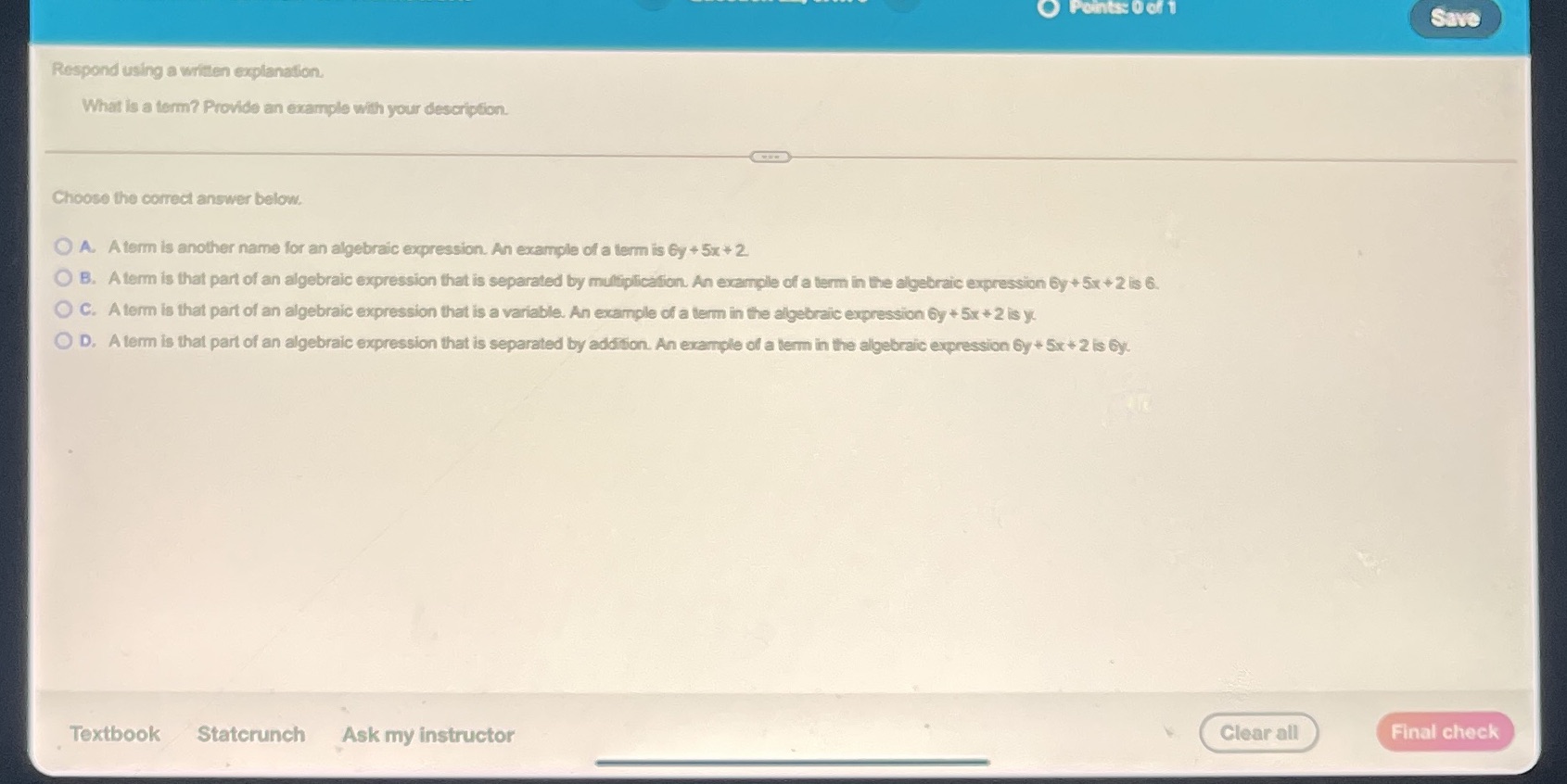 Points: 0 of 1 Save Respond using a written