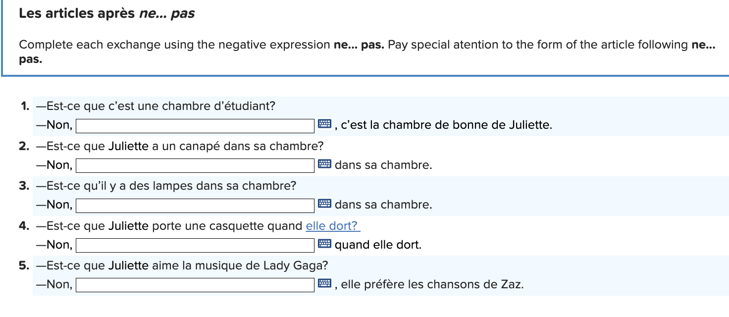answer the questions Les articles apres ne... pas