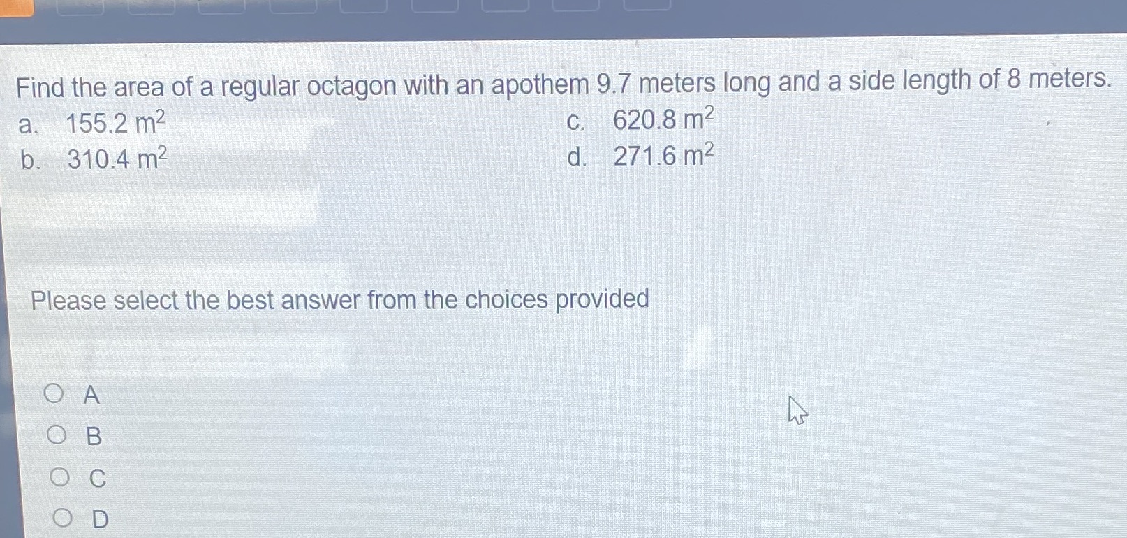 Find the area of a regular octagon with an
