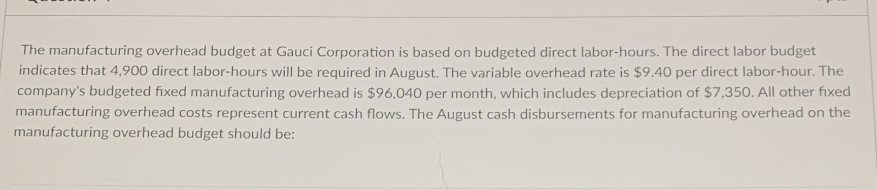 The manufacturing overhead budget at Gauci