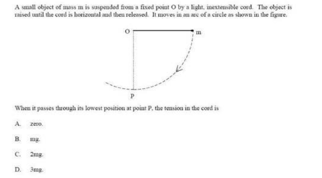 A small object of mass in is suspended from a
