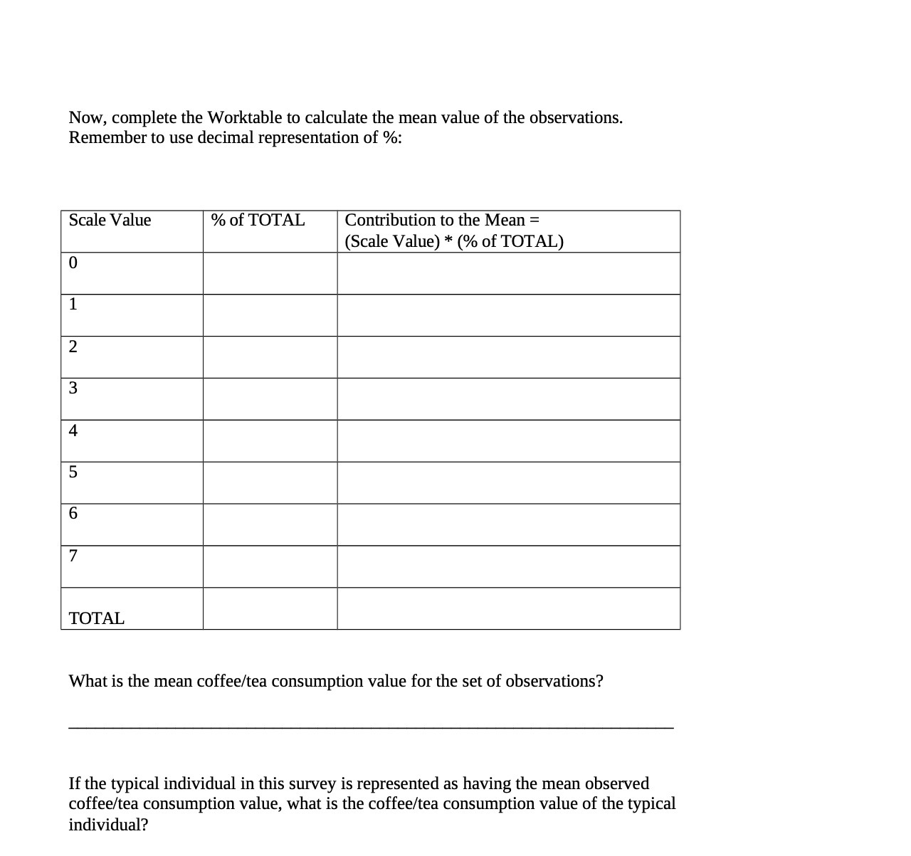 Now, complete the Worktable to calculate the mean