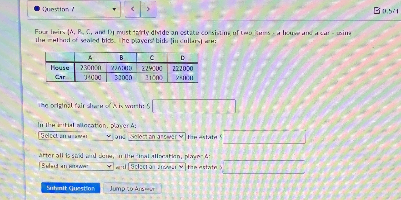 Question 7 GO.5/1 Four heirs (A, B, C, and D)