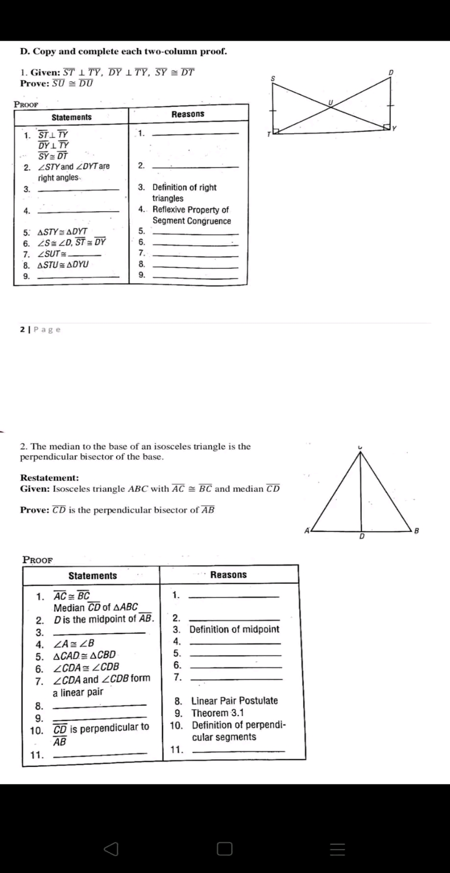 D. Copy and complete each two-column proof. 1.
