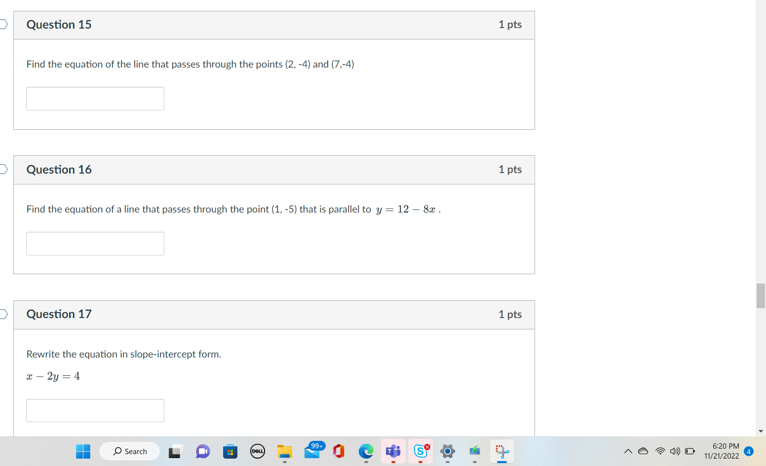 Question 15 1 pts Find the equation of the line