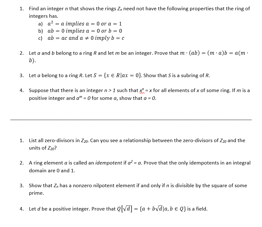 1. Find an integer n that shows the rings Z, need