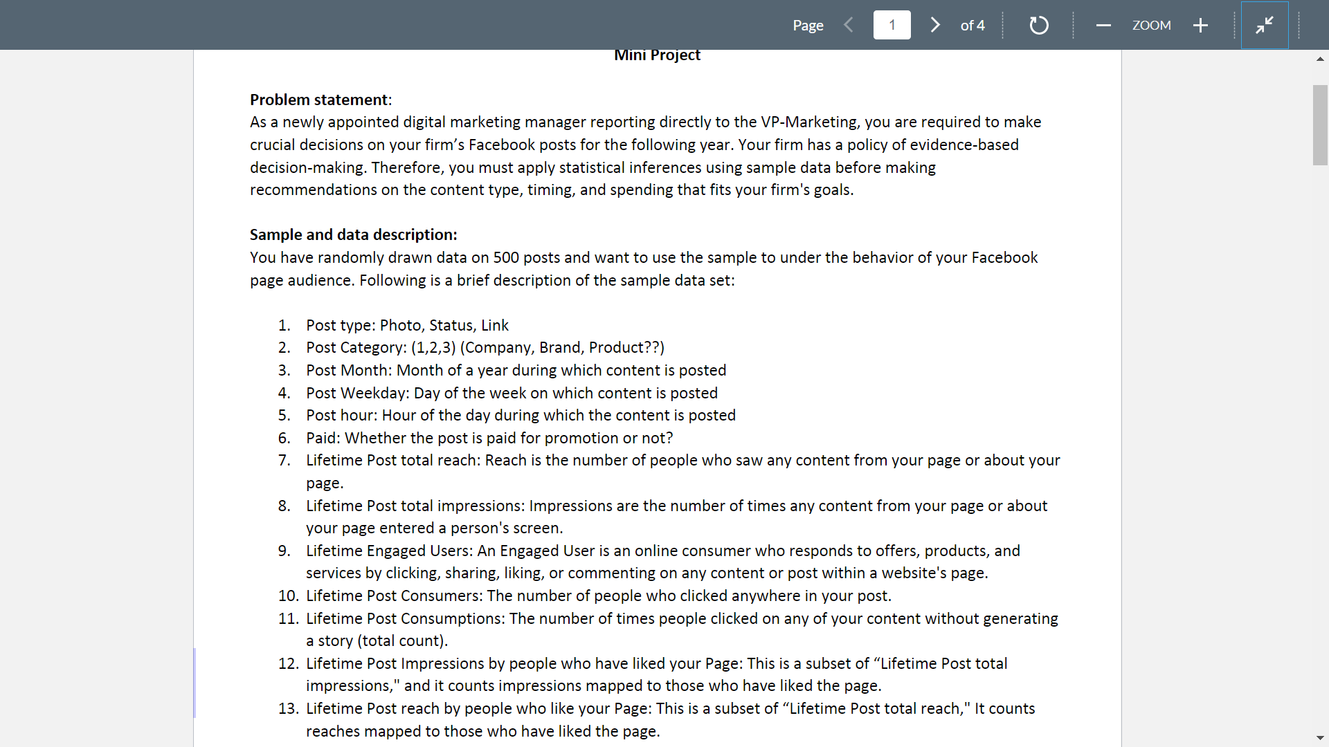 Page 1 of 4 O ZOOM + Mini Project Problem