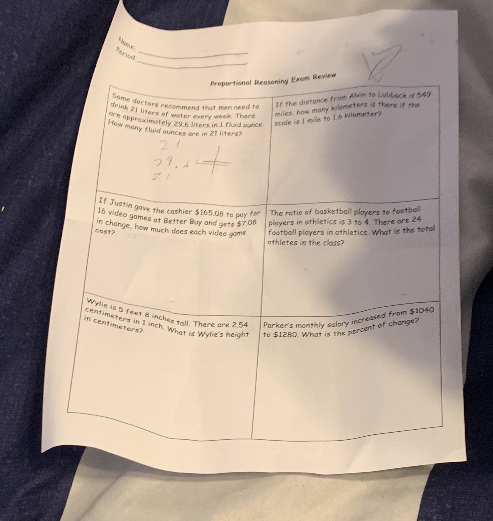 Name: Period Proportional Reasoning Exam Review