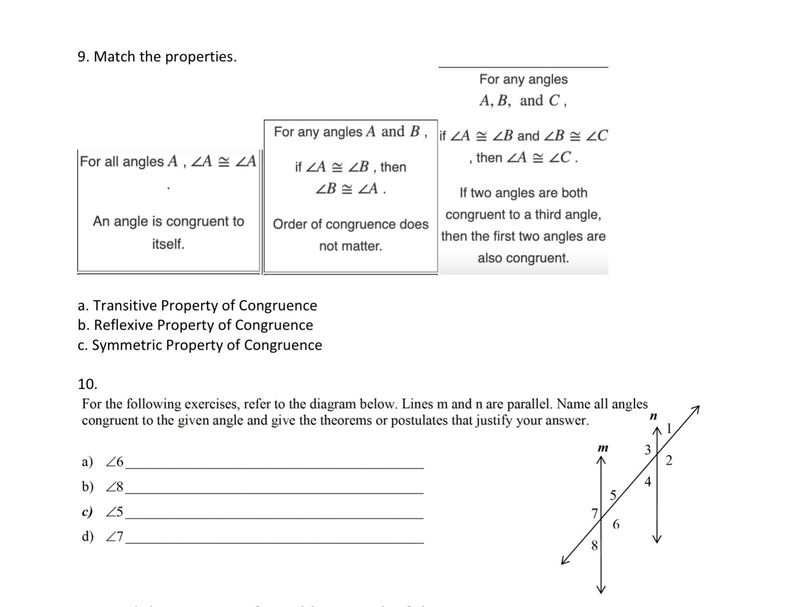 9. Match the properties. For any angles A, B, and