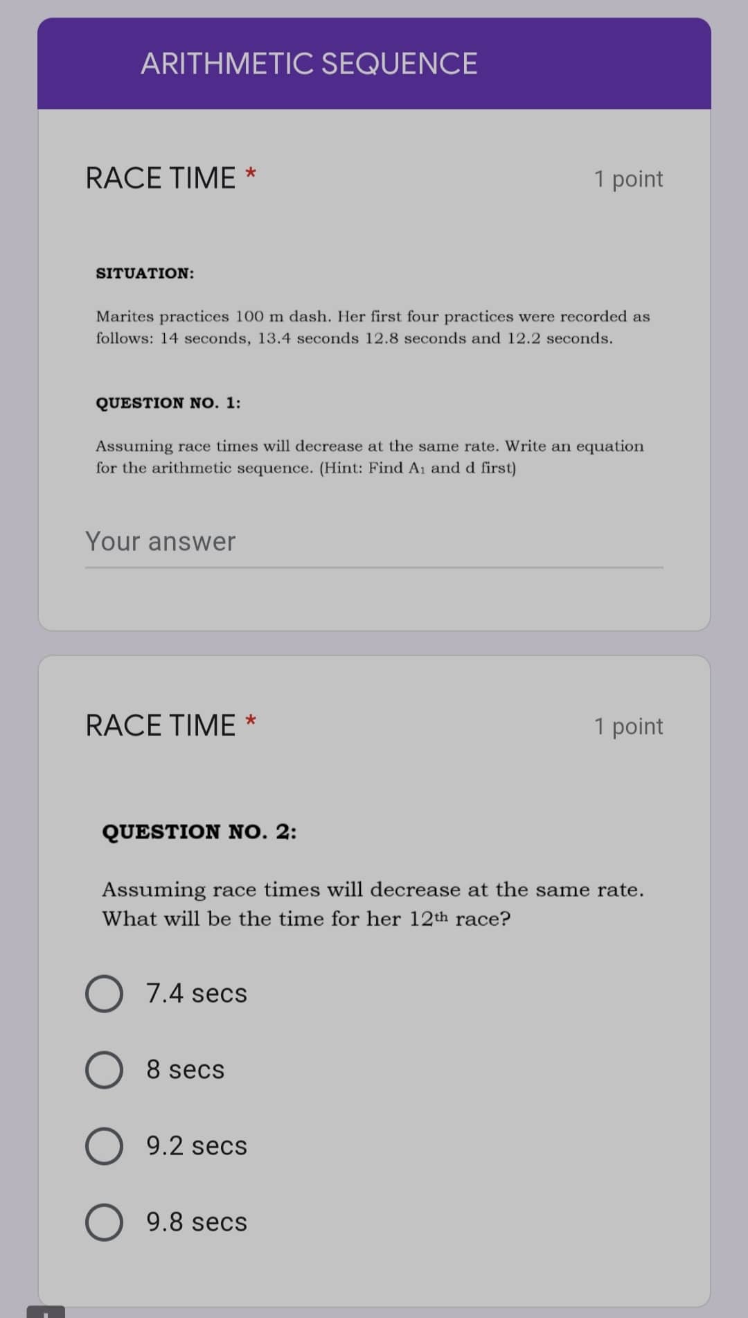 ARITHMETIC SEQUENCE RACE TIME * 1 point