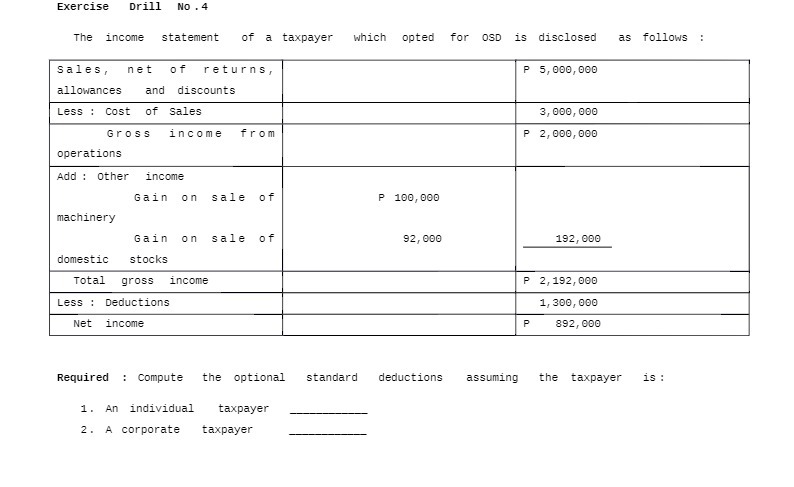 Exercise Drill No . 4 The income statement of a