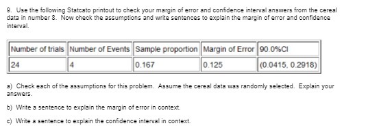 9. Use the following Statcato printout to check