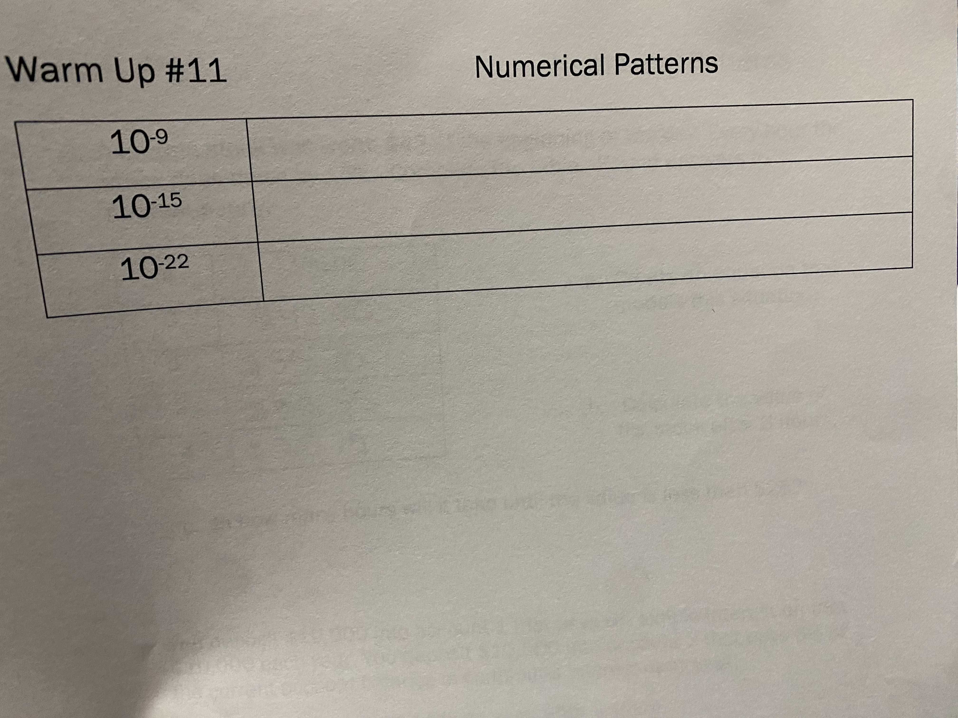 Warm Up #11 Numerical Patterns 10-9 10-15