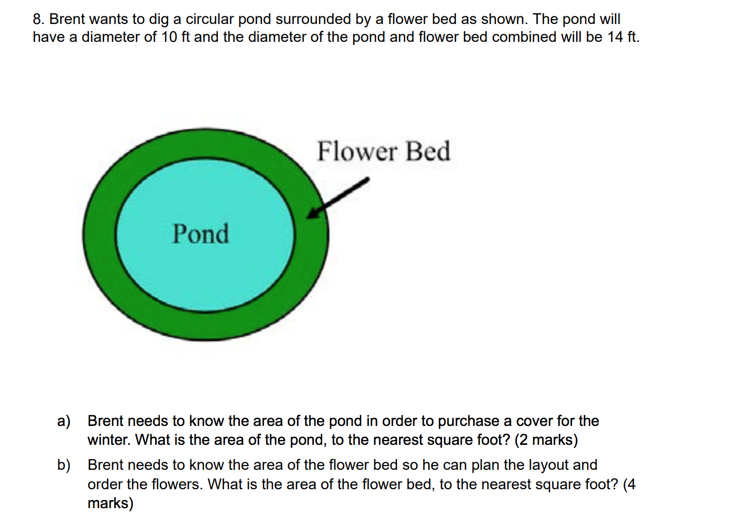 please help 8. Brent wants to dig a circular pond