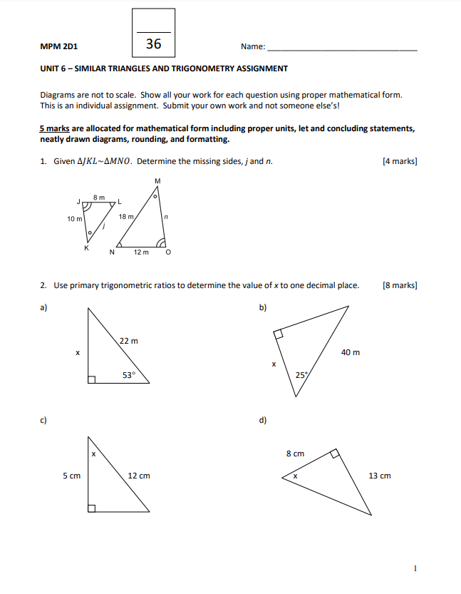 MPM 2D1 36 Name: UNIT 6 - SIMILAR TRIANGLES AND