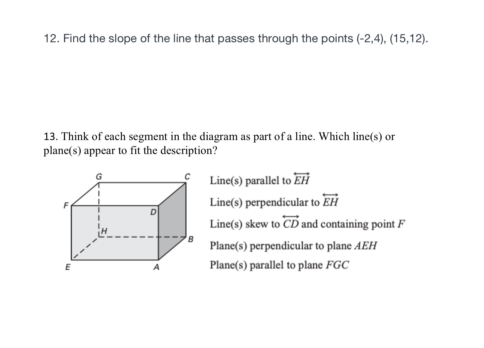 12. Find the slope of the line that passes