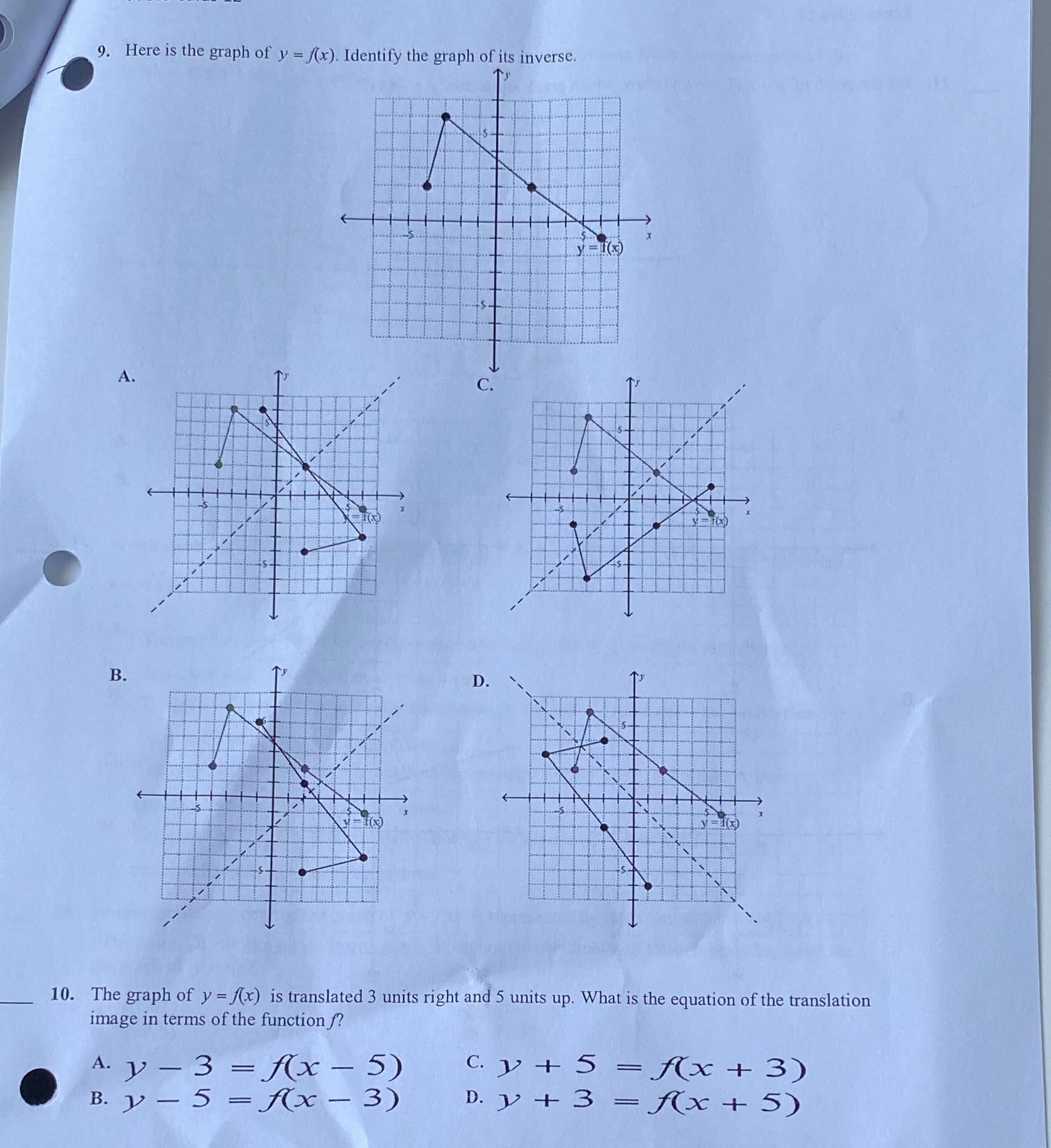9. Here is the graph of y = f(x). Identify the