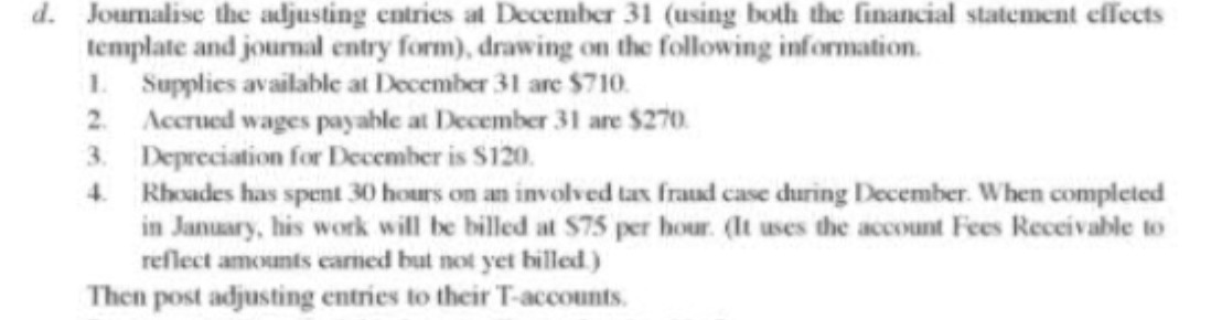 d. Journalise the adjusting entries at December