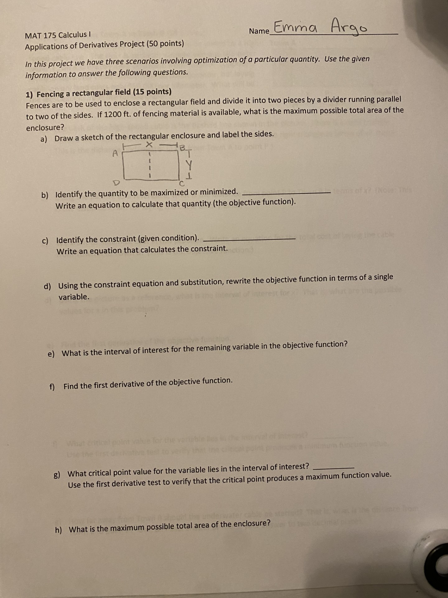 MAT 175 Calculus I Name Emma Argo Applications of