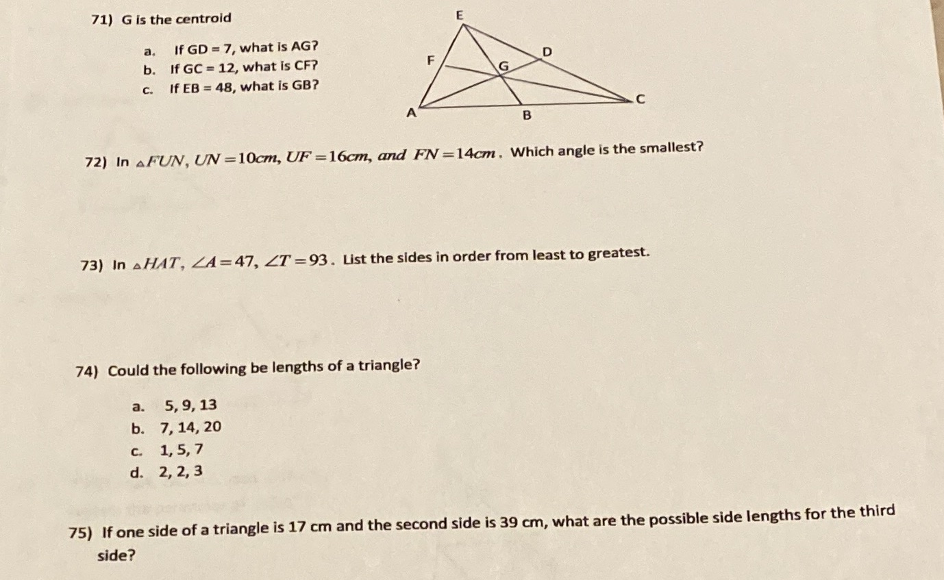 71) G is the centroid a. If GD = 7, what is AG? D