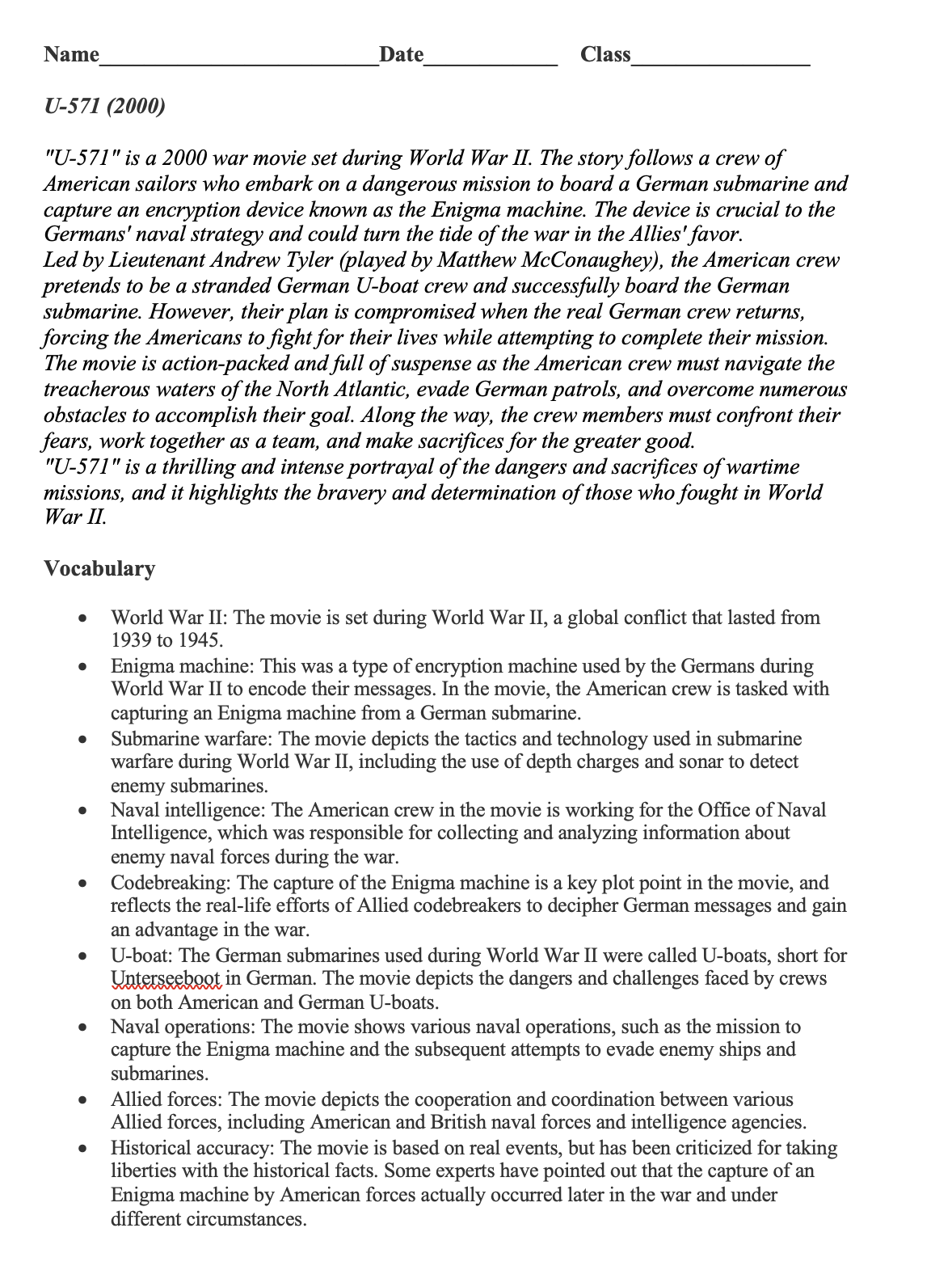 COVER SHEET U-571 (2000) Movie