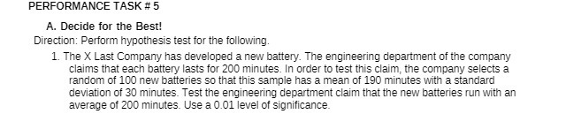 PERFORMANCE TASK # 5 A. Decide for the Best!