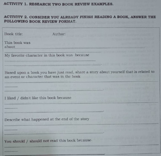 ACTIVITY 1. RESEARCH TWO BOOK REVIEW EXAMPLES.