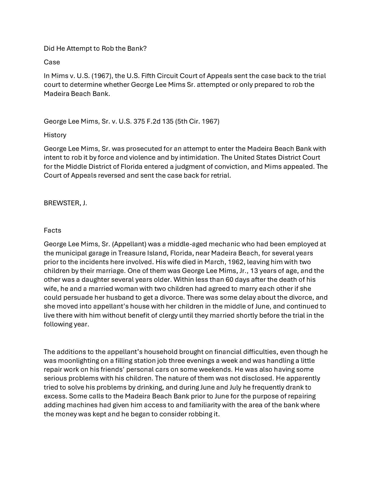 Did He Attempt to Rob the Bank? Case In Mims v.